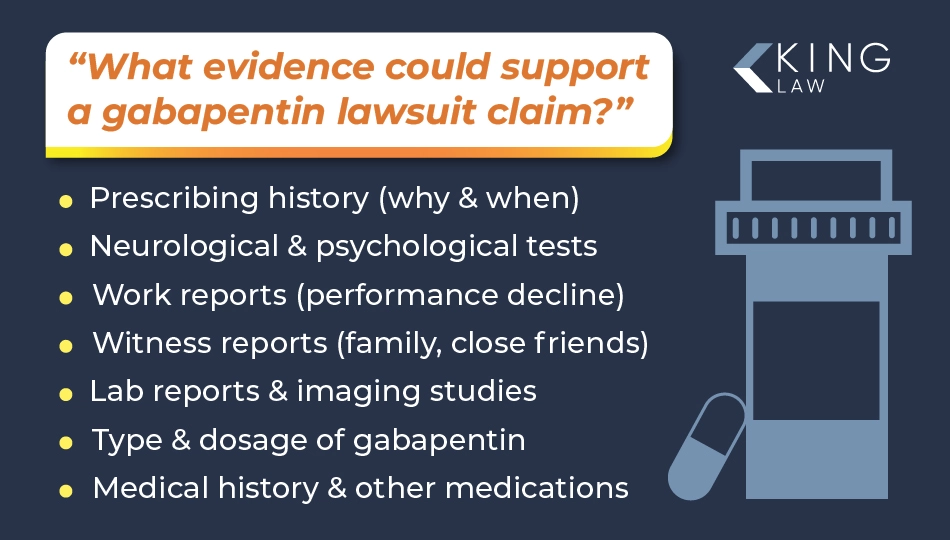 List of evidence that may help support a gabapentin lawsuit claim.