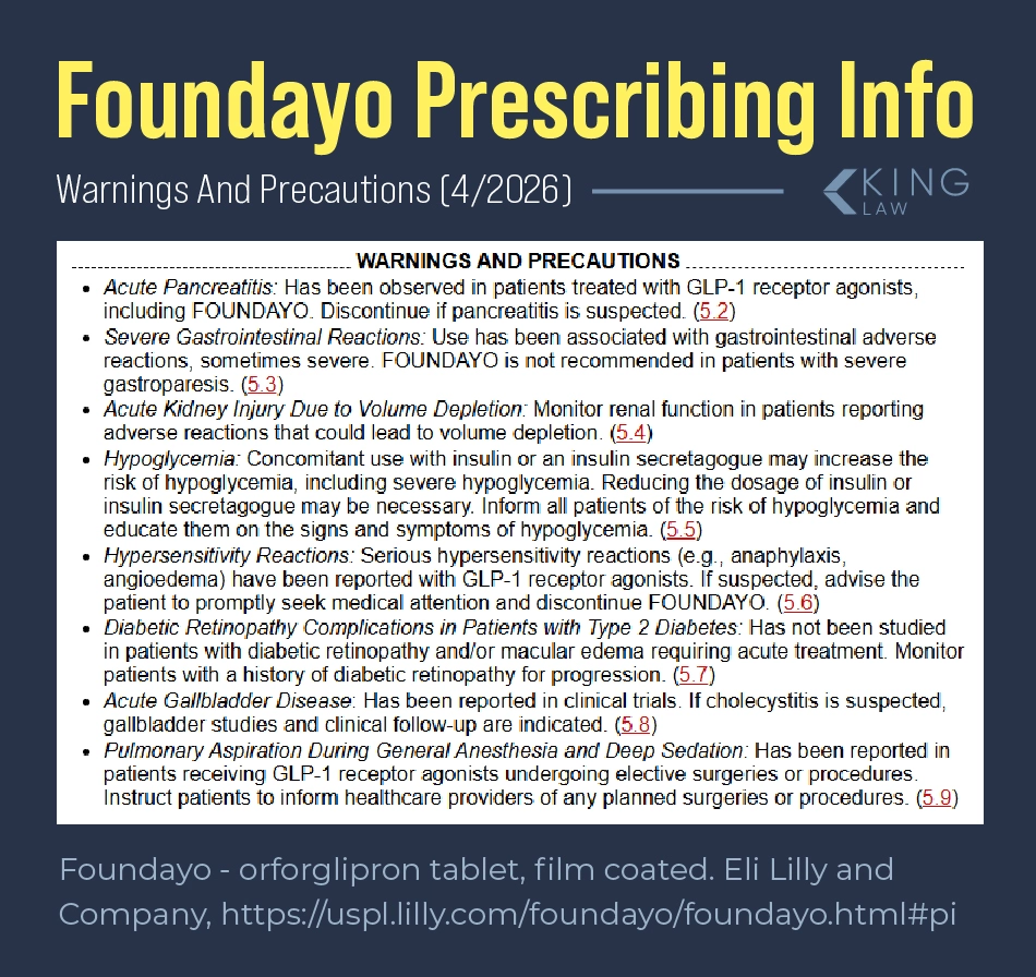 Screenshot of the Warnings and Precautions section of Foundayo's prescribing information.