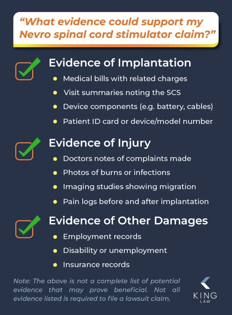 List of evidence that could support a Nevro spinal cord stimulator lawsuit claim.