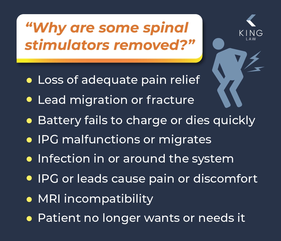 List of reasons spinal cord stimulators may be removed.