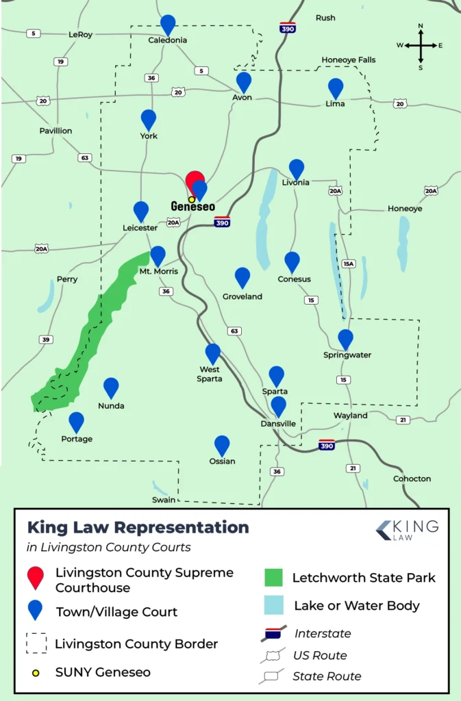 Map of the town and village courts in Livingston County, NY, including the County Supreme Court. SUNY Geneseo is noted on the map.