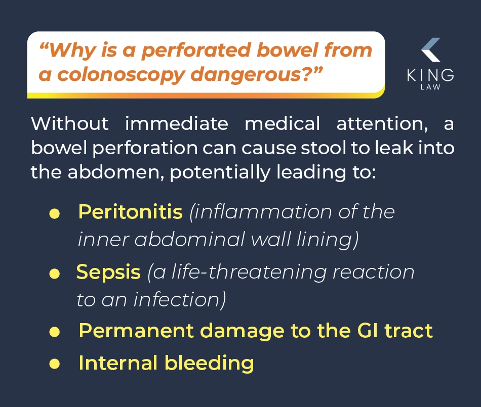List of potential serious side effects of a perforated colon from a colonoscopy.
