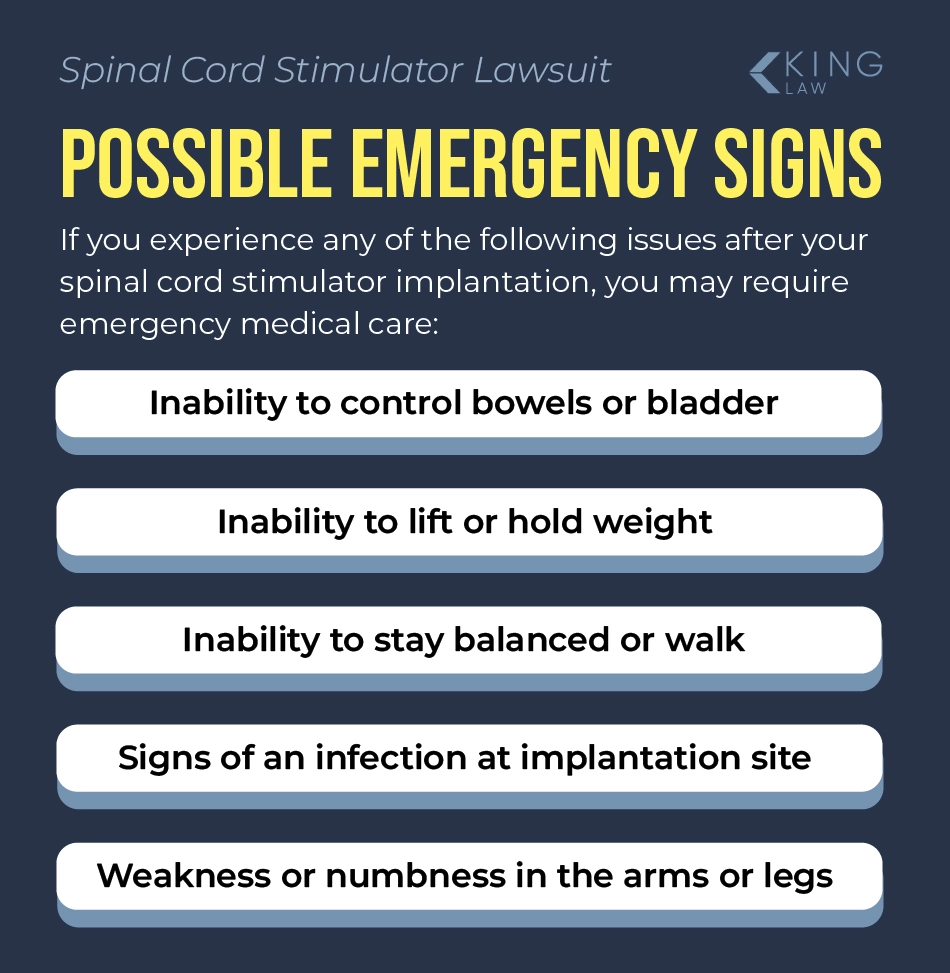List of symptoms that may indicate a medical emergency after a spinal cord stimulator implantation.